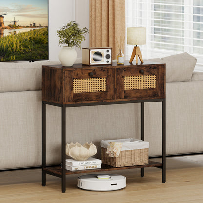80 CM Boho Console Table with 2 Drawers and Bottom Shelf-Rustic Brown