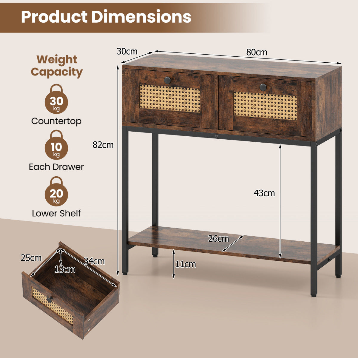 80 CM Boho Console Table with 2 Drawers and Bottom Shelf-Rustic Brown
