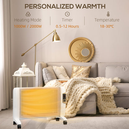 HOMCOM Mica Electric Space Heater, Portable Heater for Home with 2 Heat Settings, Living Room, Study, Garage, Adjustable Temperature 18-30√Ç¬∞C, 1000W/2000W, White