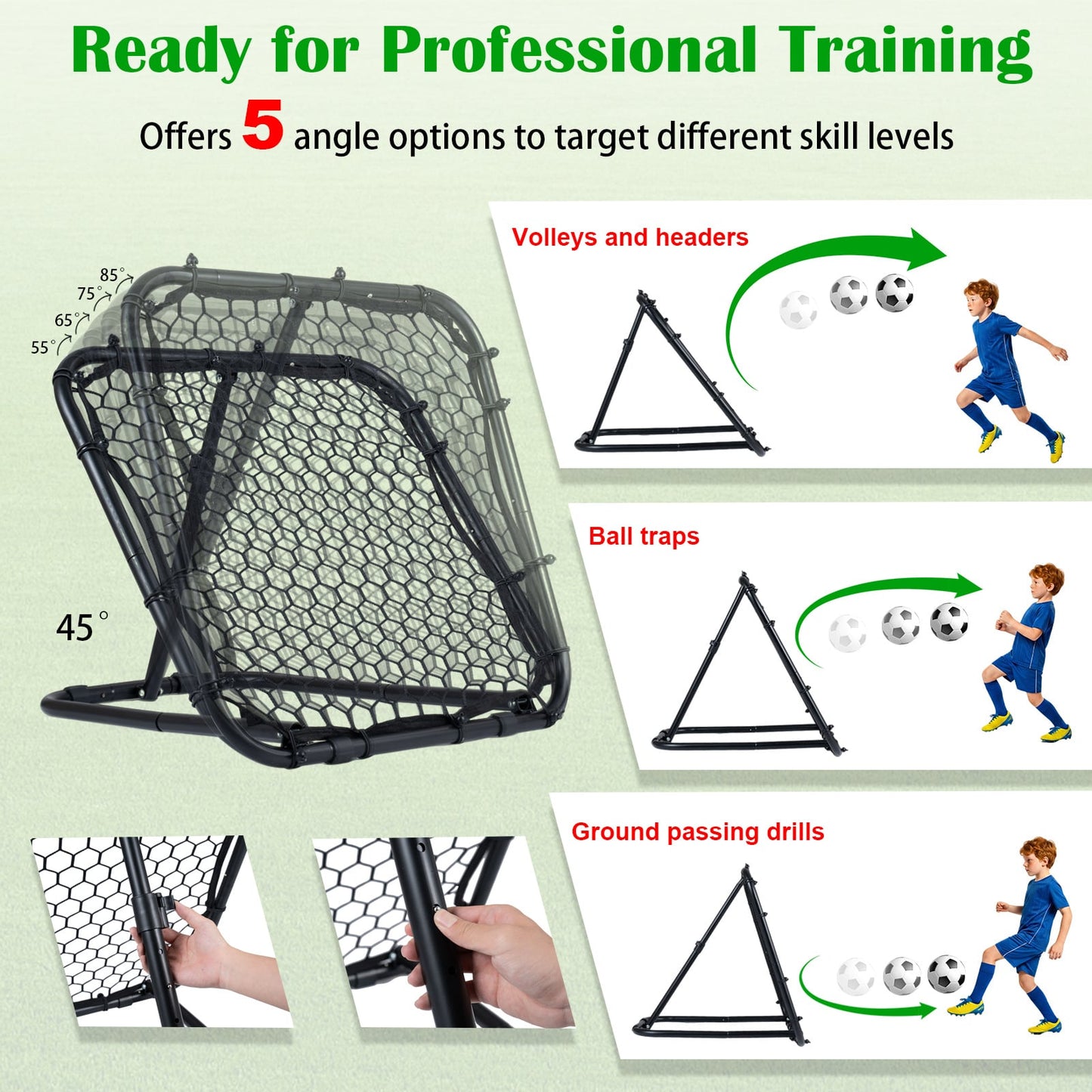 85 x 85 cm Football Rebounder with 5 Adjustable Angles and 4 Ground Stakes