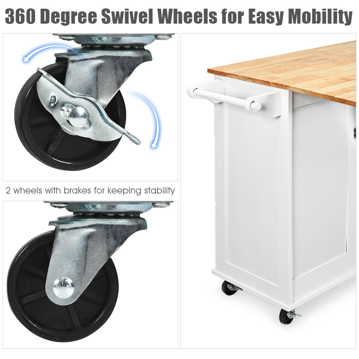 Kitchen Island Cart on Wheels with 3 Drawers and 2-door Cabinet-White