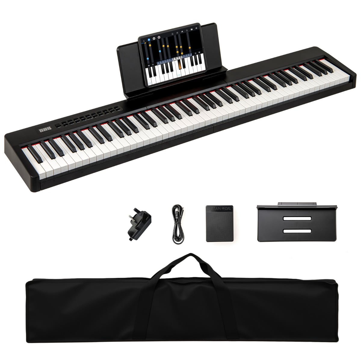 88 Keys Velocity-Sensitive Piano Keyboard with Music Stand and Carry Bag-Black