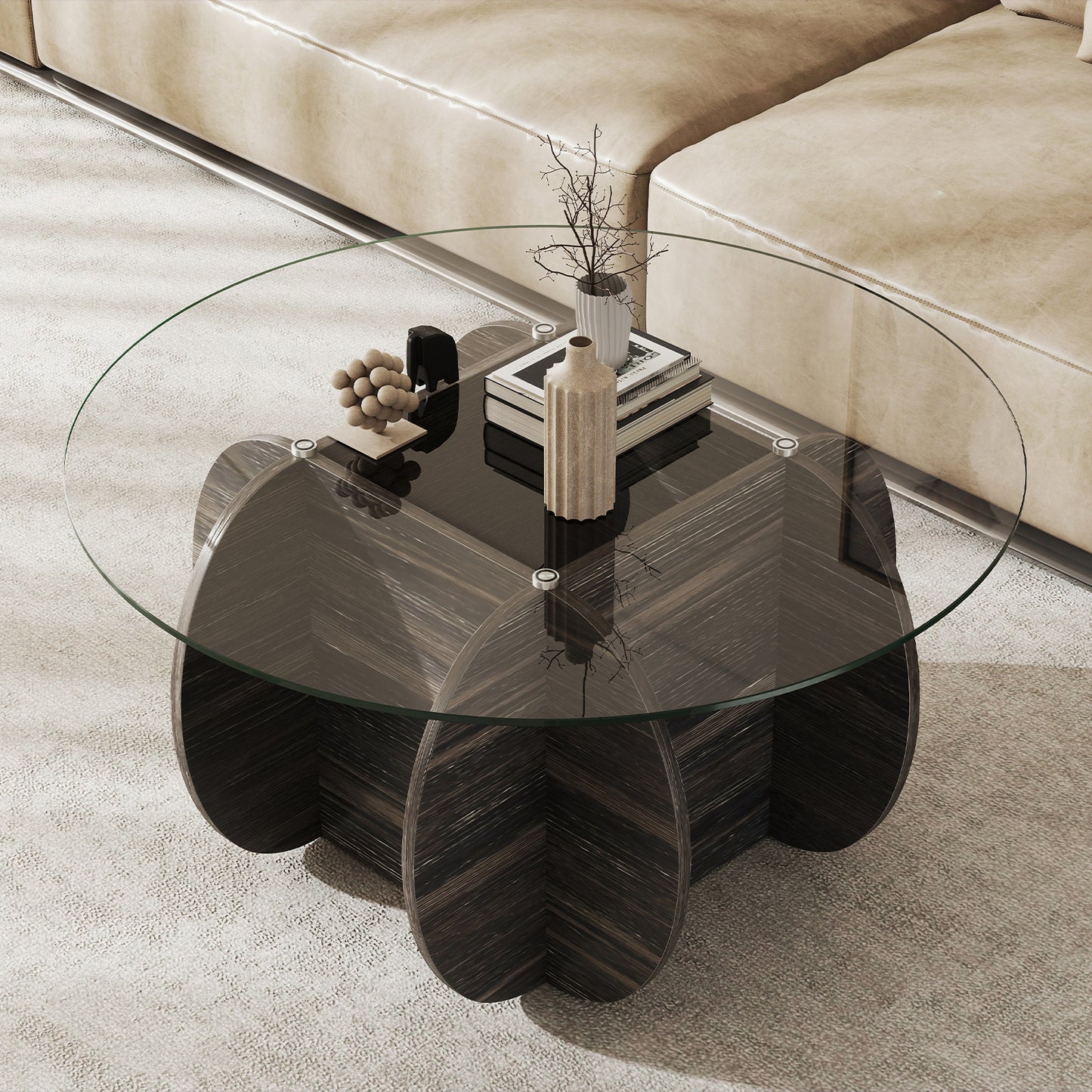 89cm Round Coffee Table Modern Accent Table with Tempered Glass Top-Black