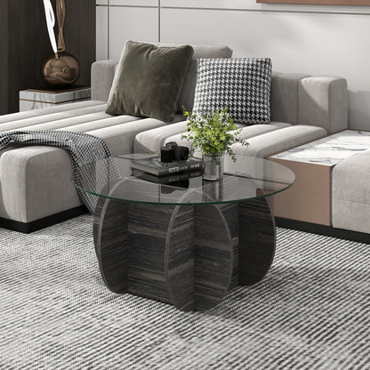 89cm Round Coffee Table Modern Accent Table with Tempered Glass Top-Black