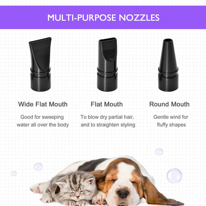 PawHut Dog Hair Dryer Pet Grooming Blaster Dryer Blower Adjustable Temperature Speed with 2.1M Flexible Hose 3 Nozzles - Purple