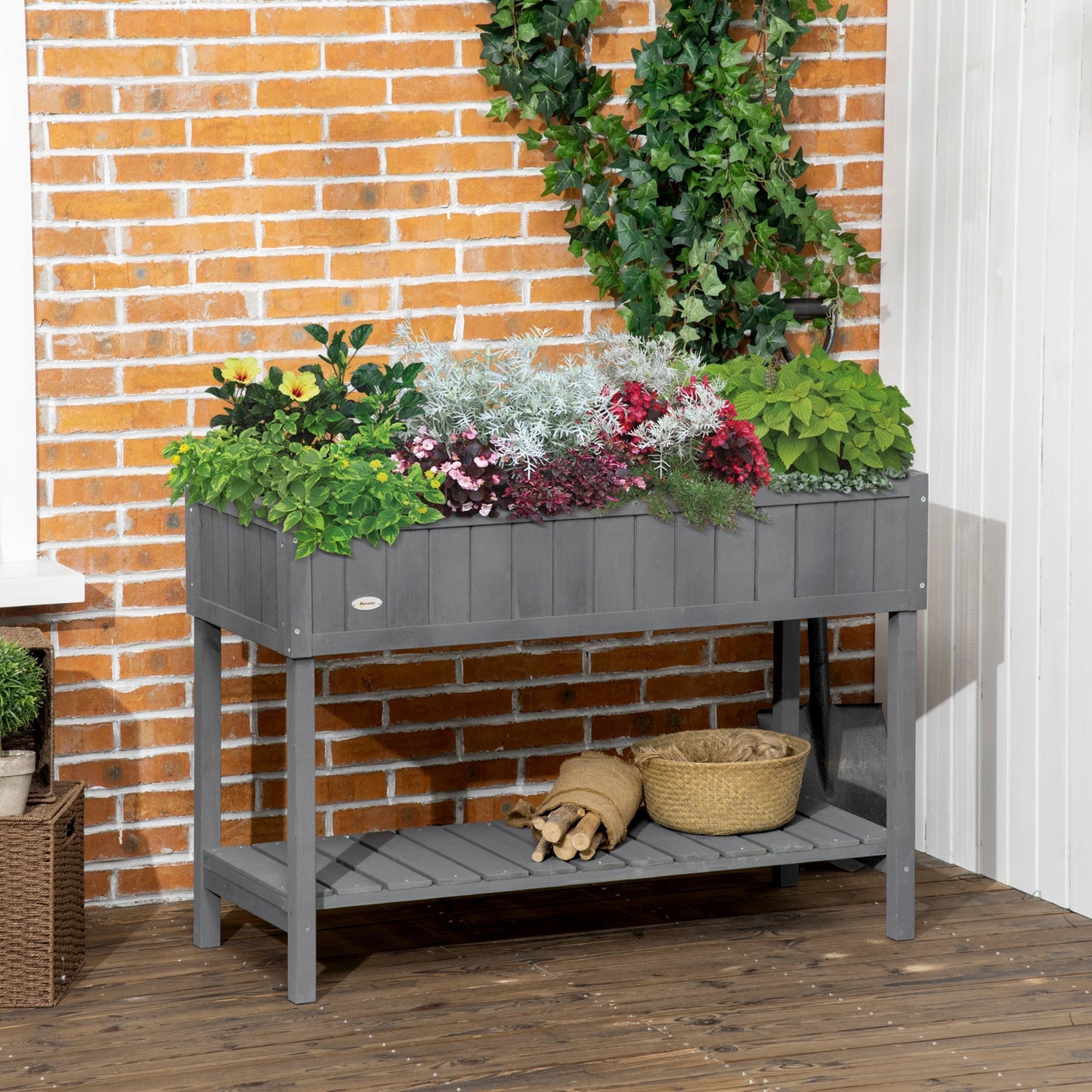 Outsunny Fir Wood Raised Rectangular 8 Compartment Plant Stand Dark Grey