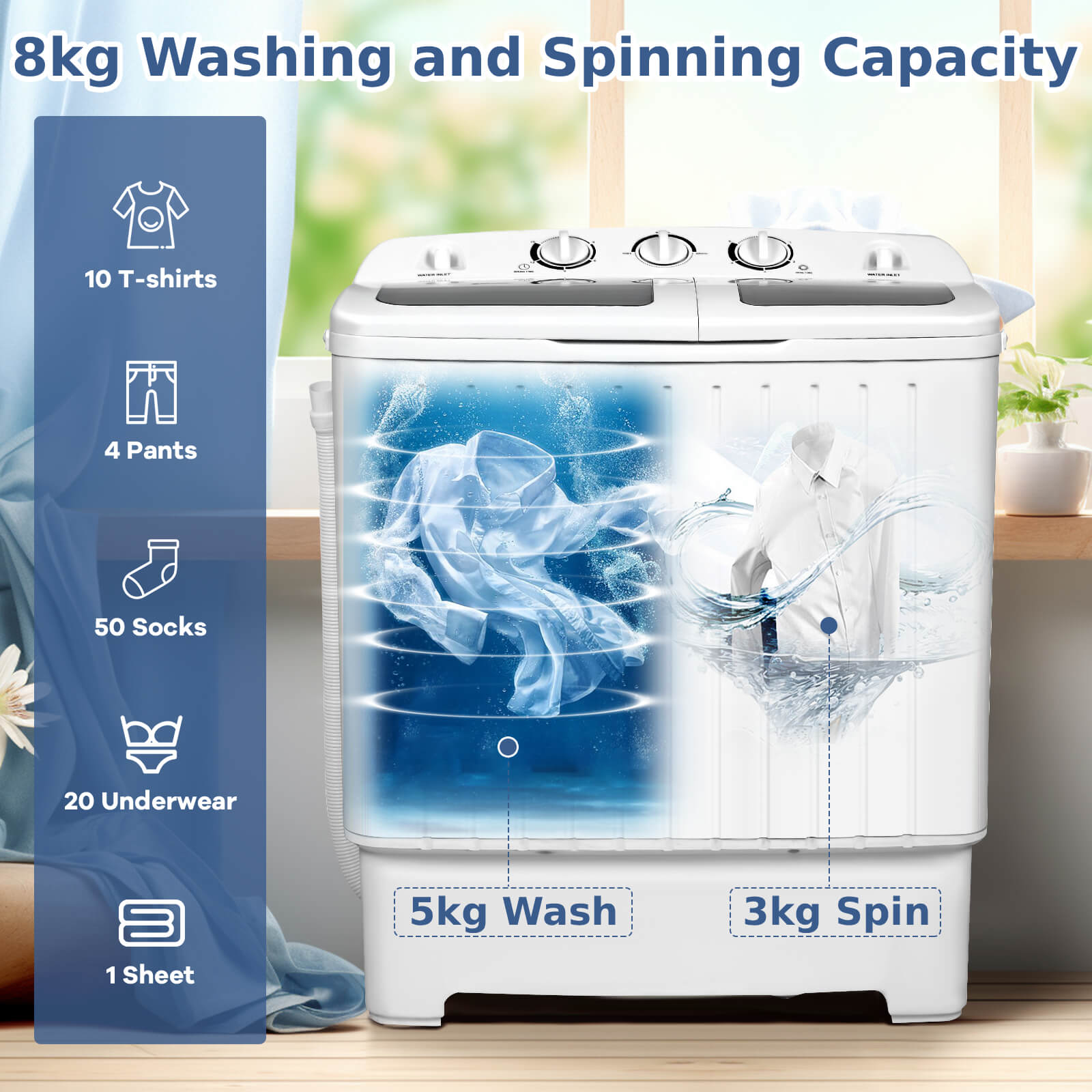 Twin Tub Washing Machine 8kg Total Capacity with Timer Control-Grey