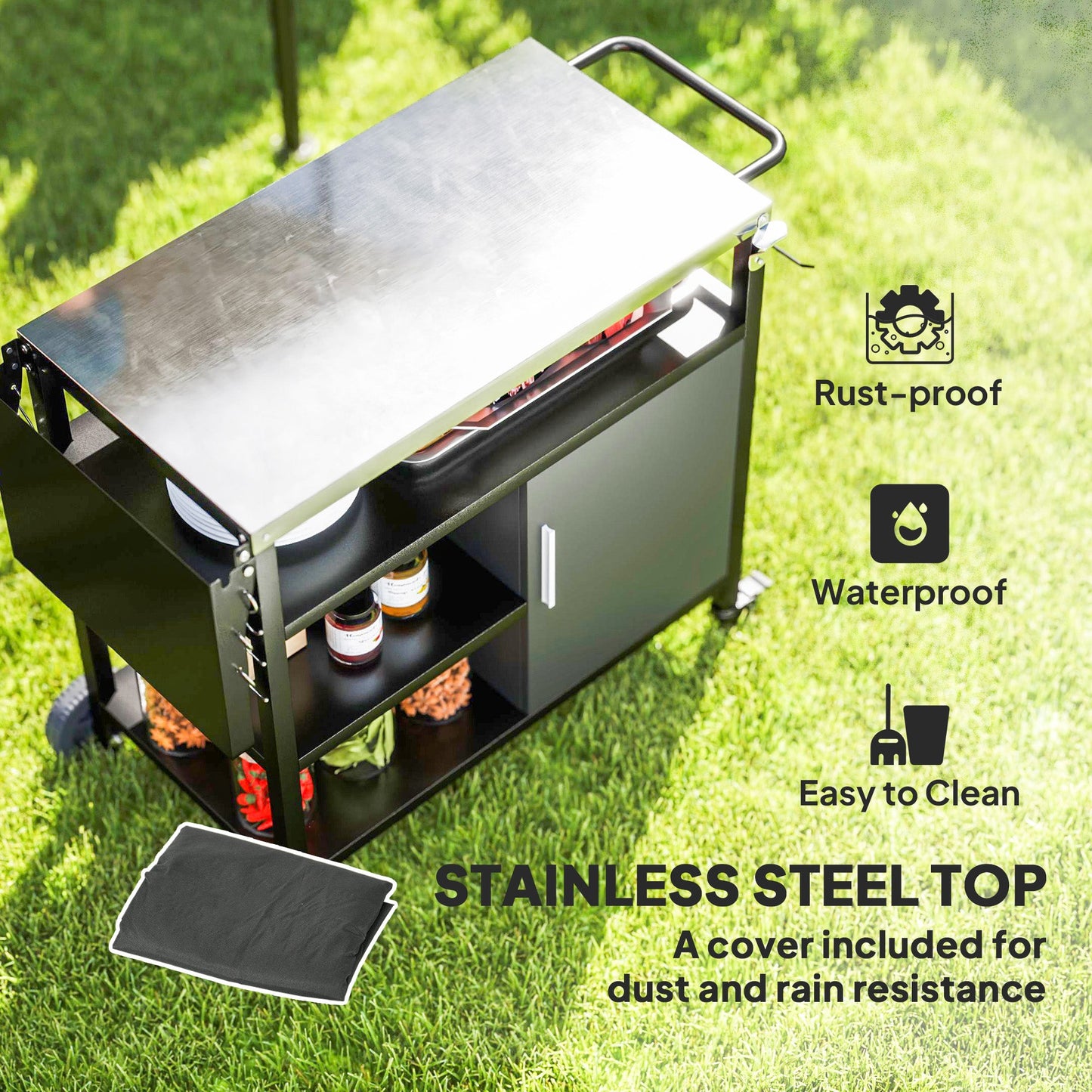 Outsunny Outdoor BBQ Trolley with Foldable Side Table, Stainless Steel Top, Outdoor Kitchen with Wheels Hooks Shelves Cabinet, Pizza Oven Table Movable Barbecue Grill Dining Cart with Cover, Black