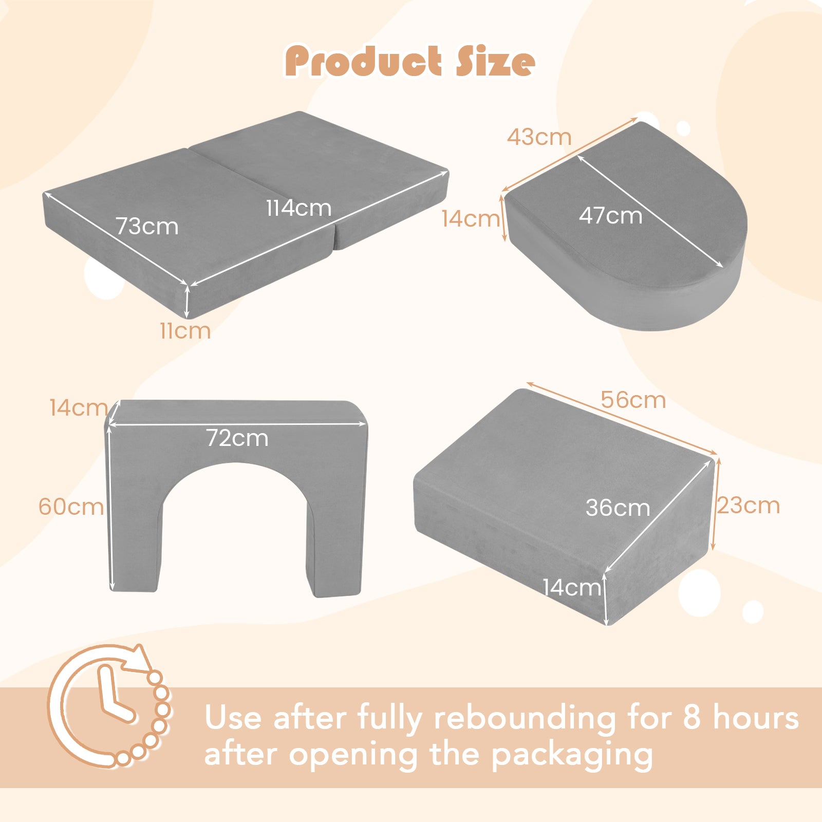 8-Piece Modular Kids Play Couch with Machine-washable Covers-Grey
