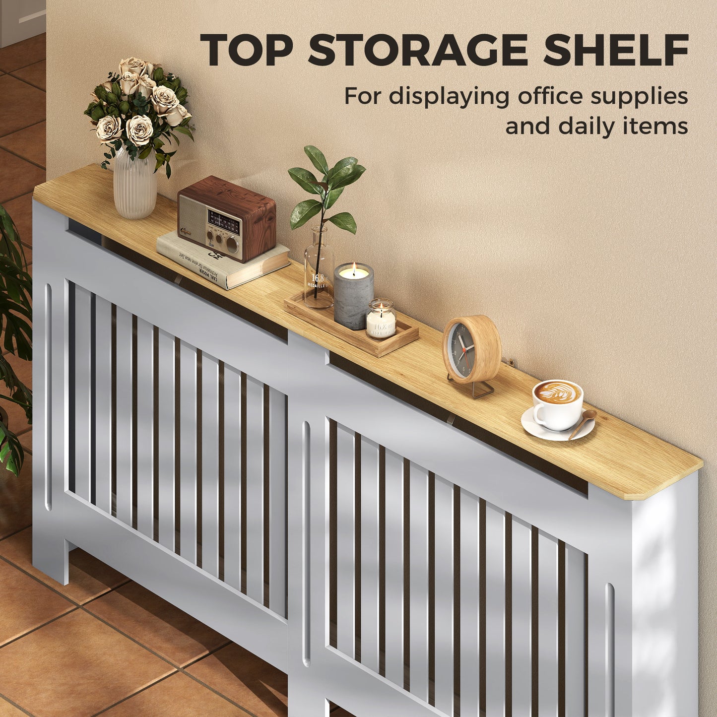 HOMCOM Slatted Radiator Cover, Painted Cabinet with Line Grill Design, 172L Ã 19W Ã 81H cm, Grey