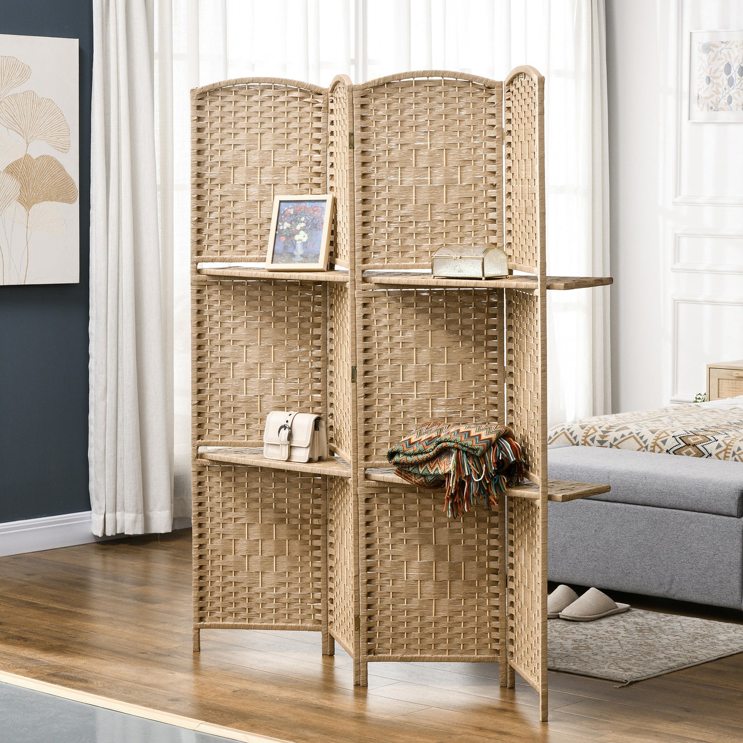 HOMCOM 4-panel room divider screen 160 x 170 cm with 2 shelves, foldable, wood