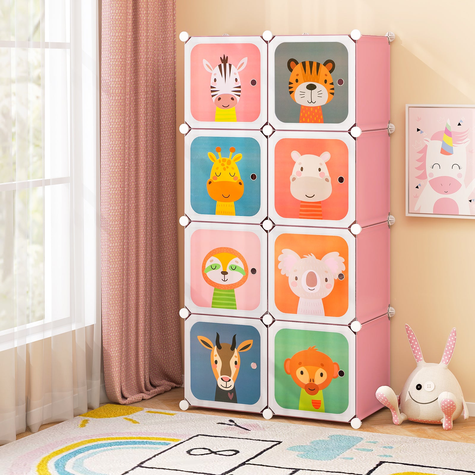 8-Cube Portable Kids Wardrobe with Hanging Section-Pink