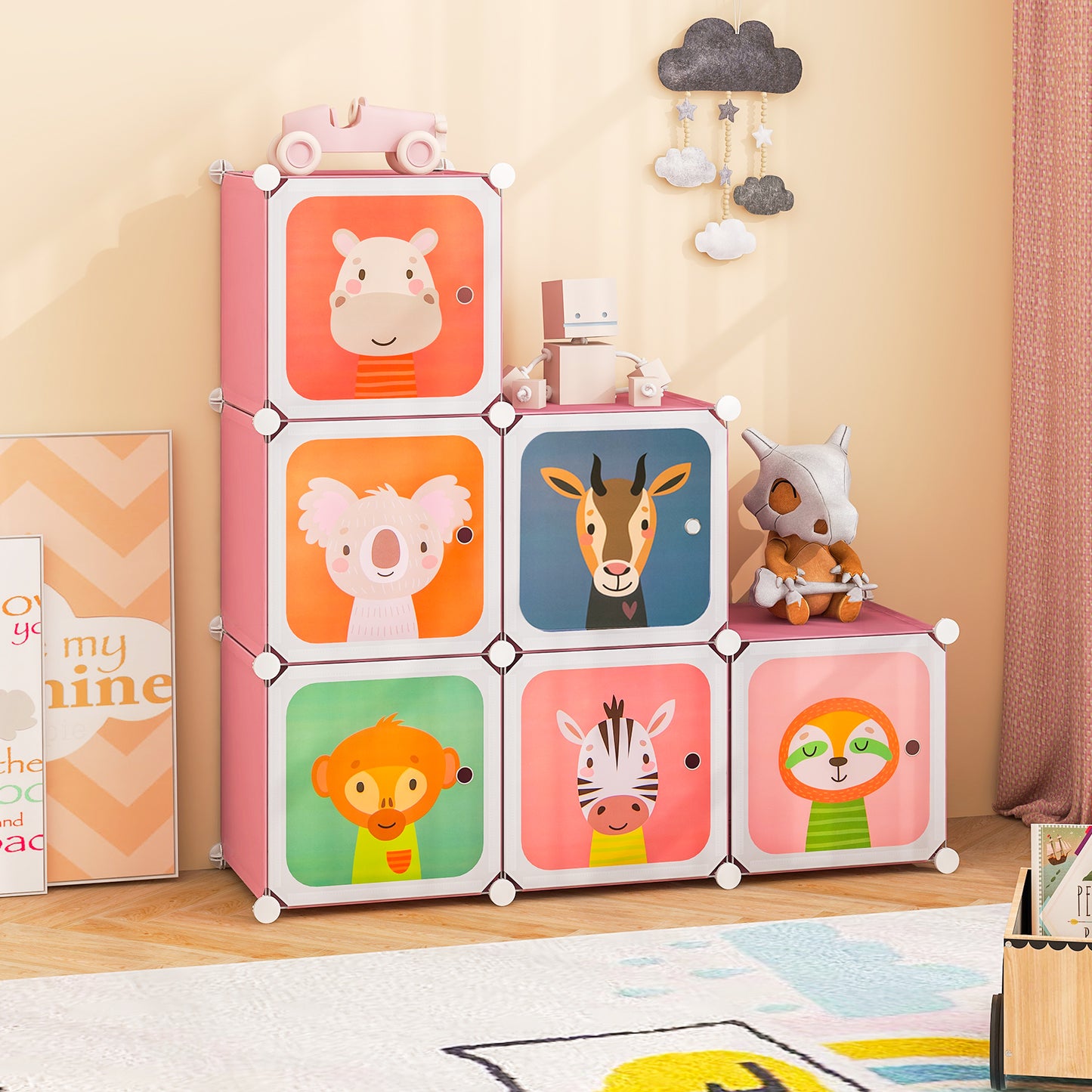 8-Cube Portable Kids Wardrobe with Hanging Section-Pink