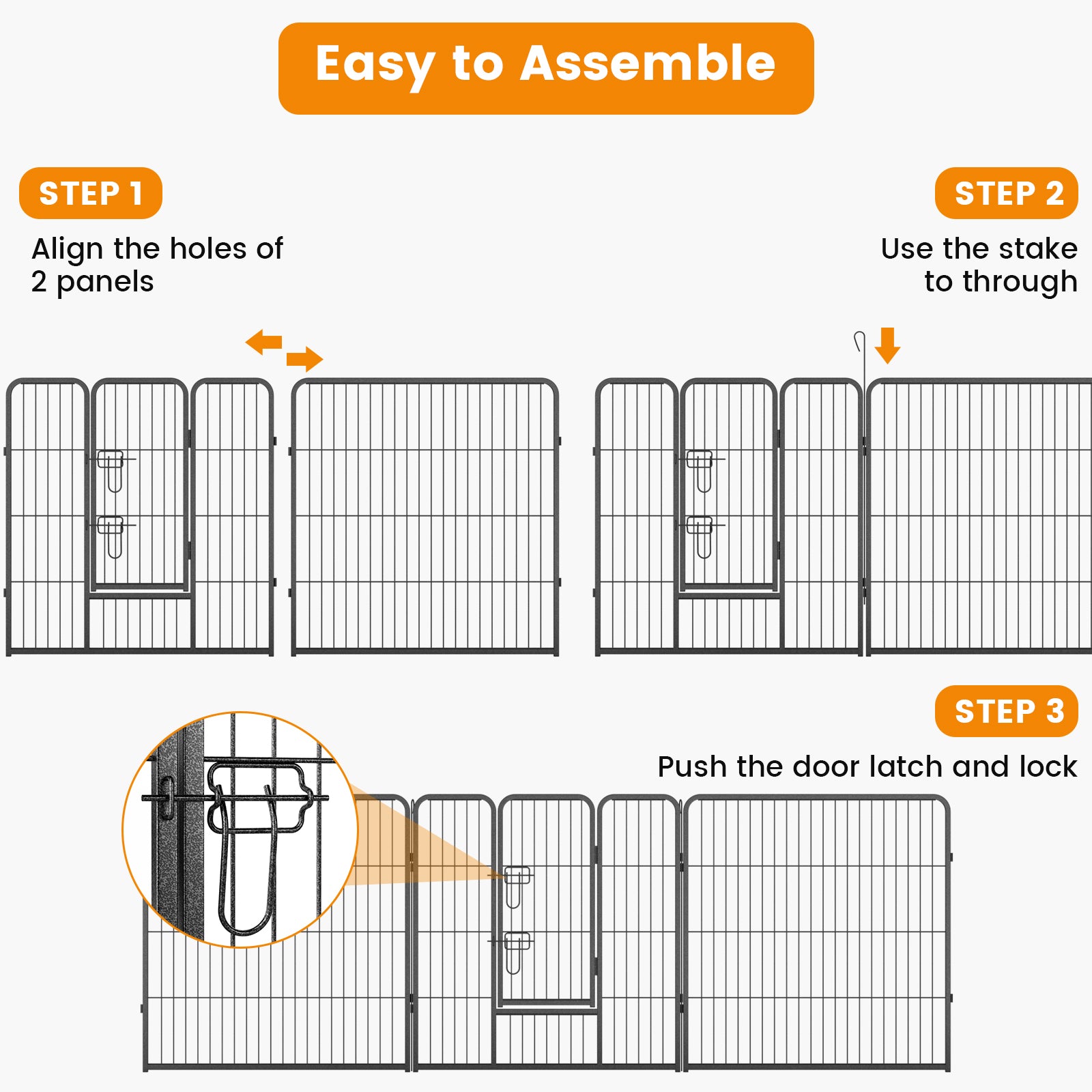 8 Panel 60cm/80cm Height Pen Fence with Lock and Large Door-Black-80 cm