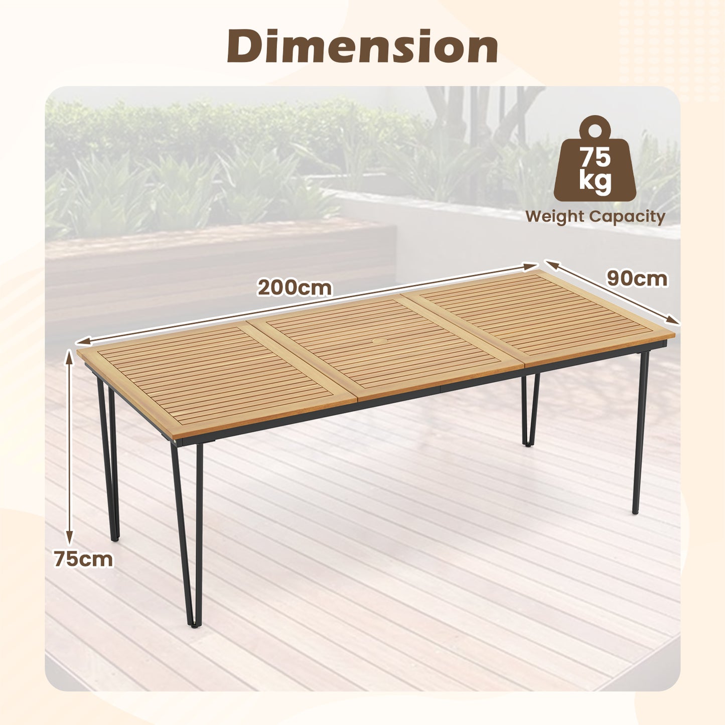 200 x 90cm Outdoor Dining Table with Metal Legs for Garden  Poolside