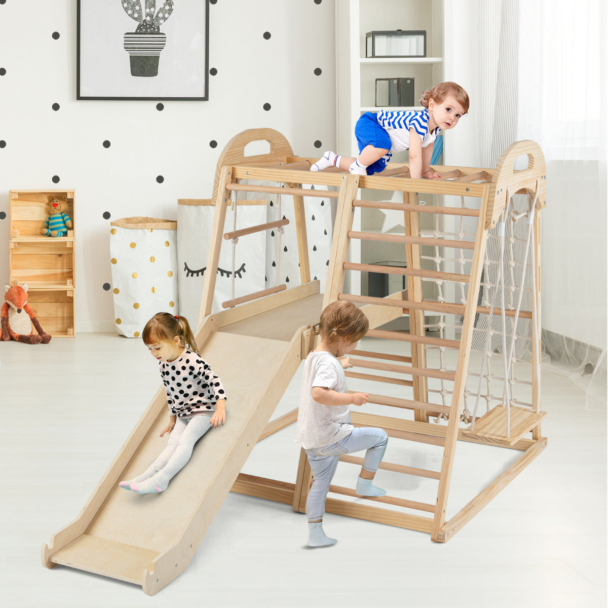 8-in-1 Jungle Gym Wooden Montessori Climber Playset-Natural