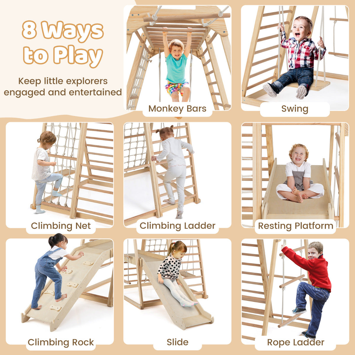 8-in-1 Jungle Gym Wooden Montessori Climber Playset-Natural