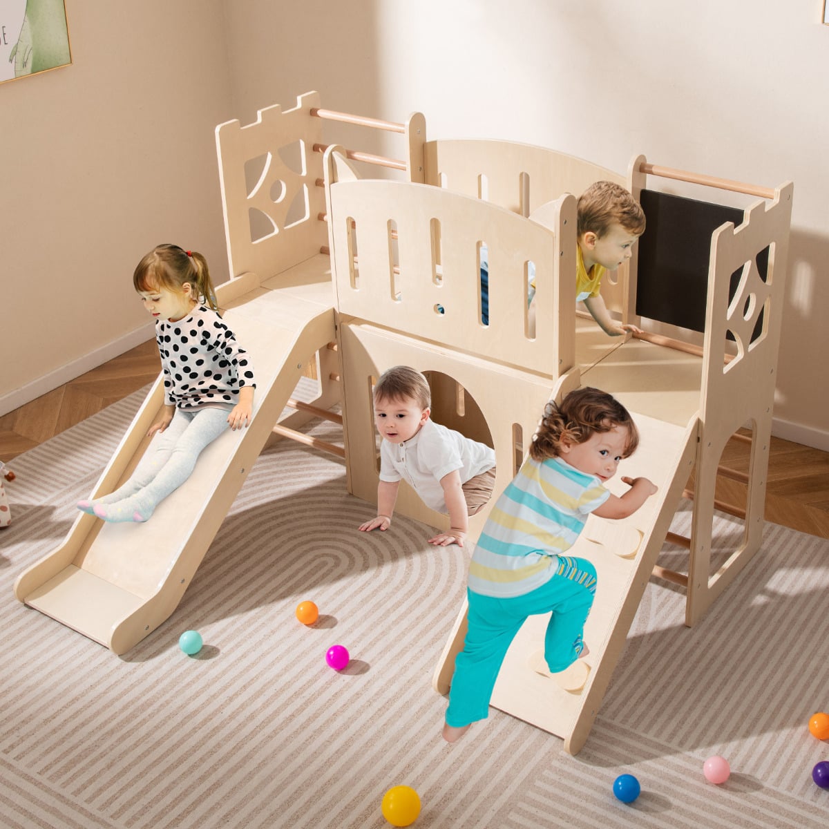8-in-1 Toddler Slide with Ladders and Toy Storage-Natural