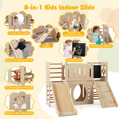 8-in-1 Toddler Slide with Ladders and Toy Storage-Natural