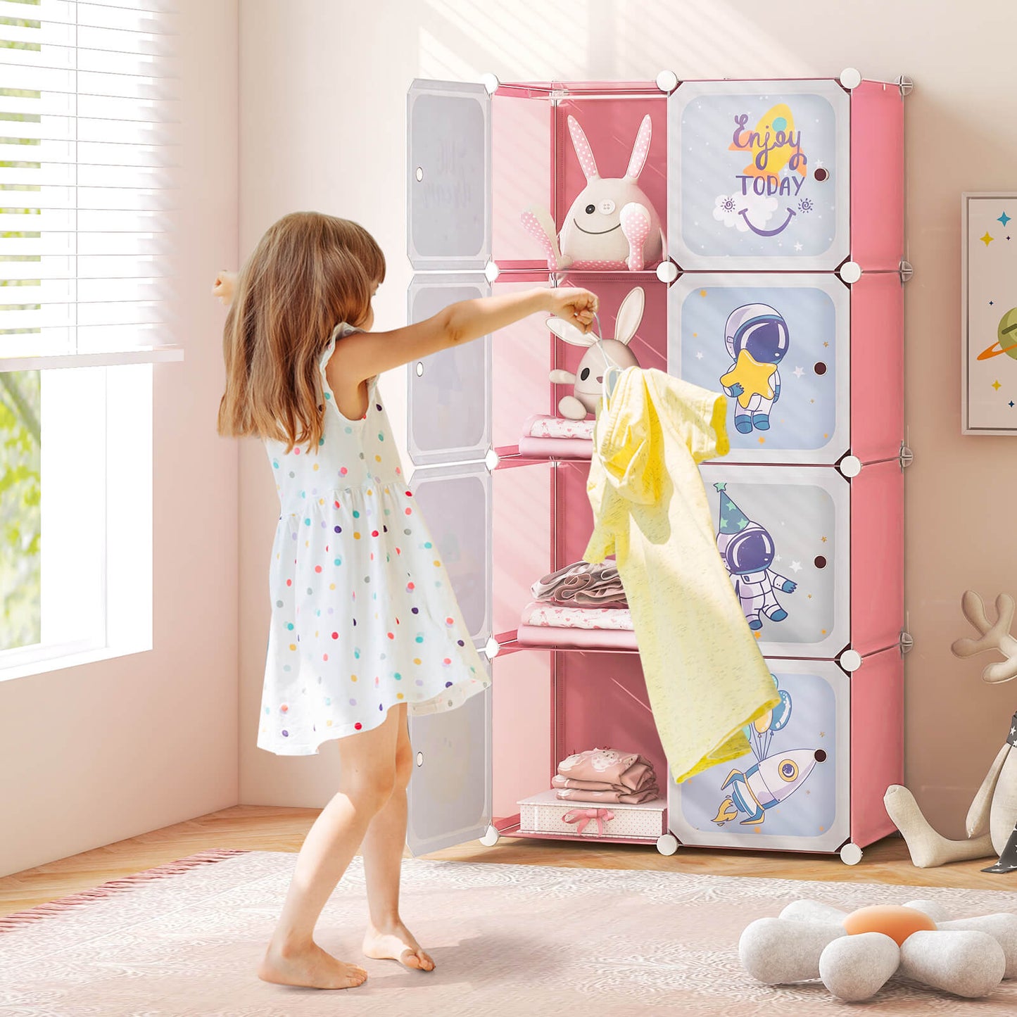 8-cube Baby Closet Organizer with Doors and Hanging Section-Pink