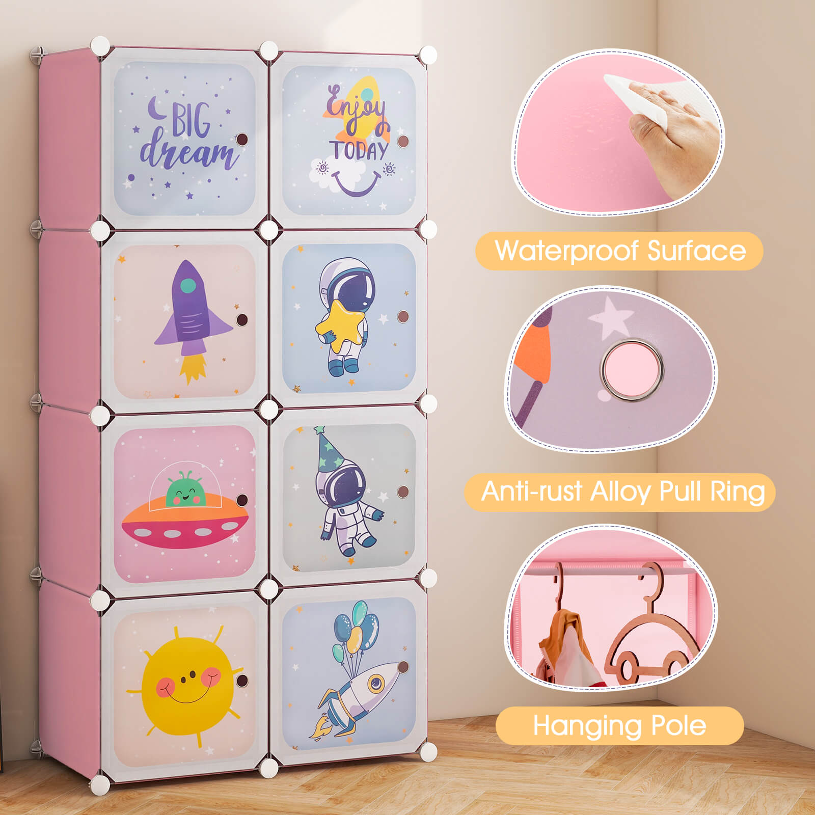 8-cube Baby Closet Organizer with Doors and Hanging Section-Pink