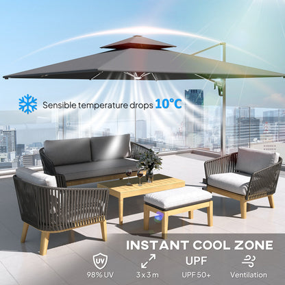 Outsunny 3(m) Garden Cantilever Parasol with Solar LED Lights, Cross Base, 360Â° Rotation, Crank Handle and Tilt, Grey