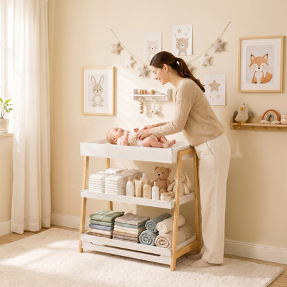 AIYAPLAY Baby Changing Table with 2 Storage Shelves, Nursery Diaper Changing Unit with Waterproof Changing Mat, White