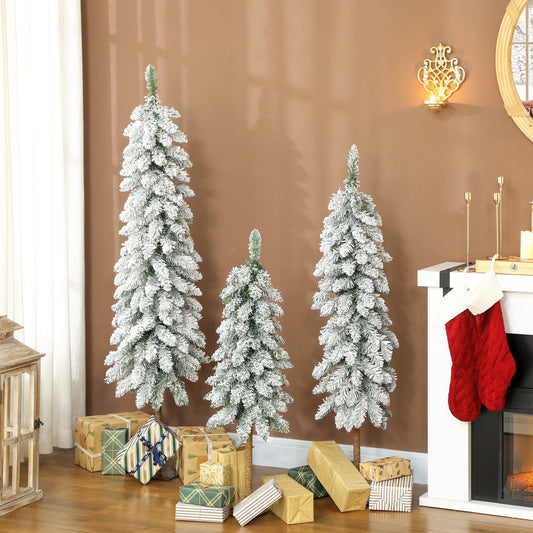 HOMCOM Set of 3 Pencil Flocked Christmas Tree, 3ft 4ft 5ft