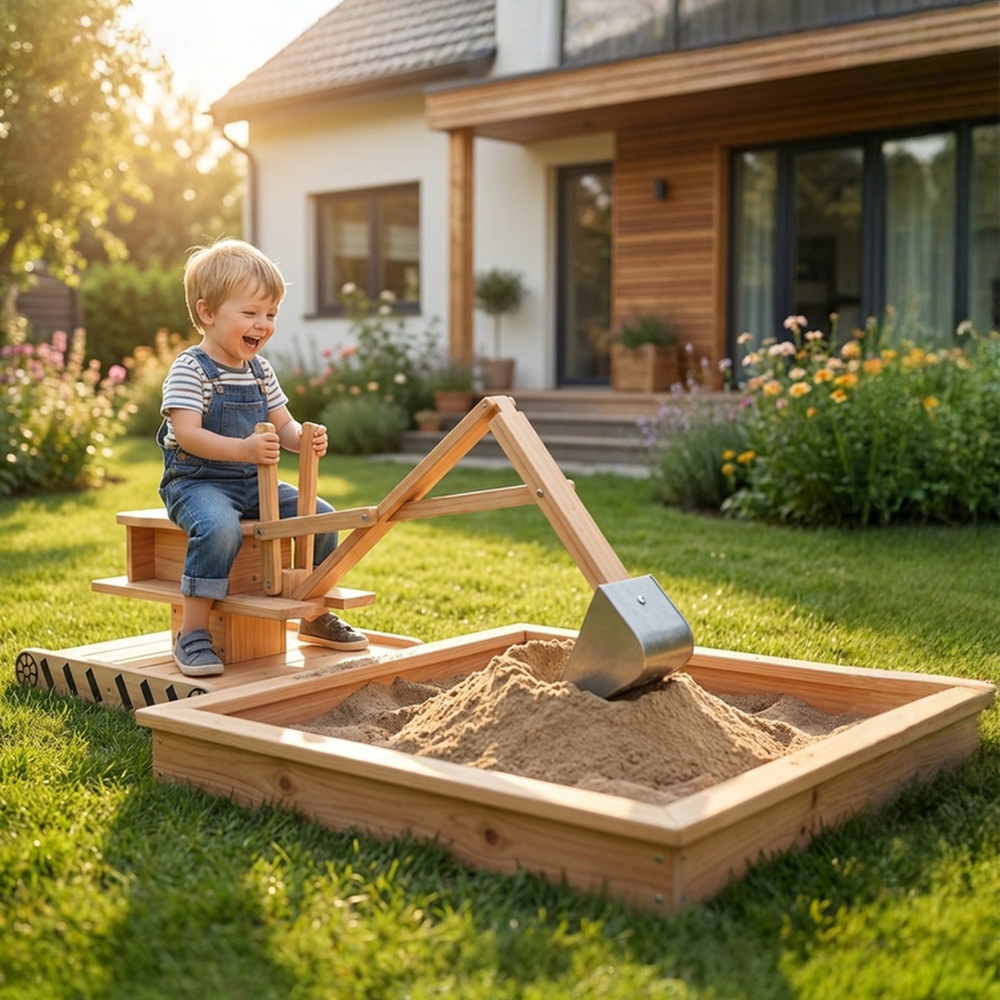 AIYAPLAY Wooden Sand Pit with Digger, Kids Sandbox Outdoor, SandPit with 360Â° Swivel Seat and Bottom Liner