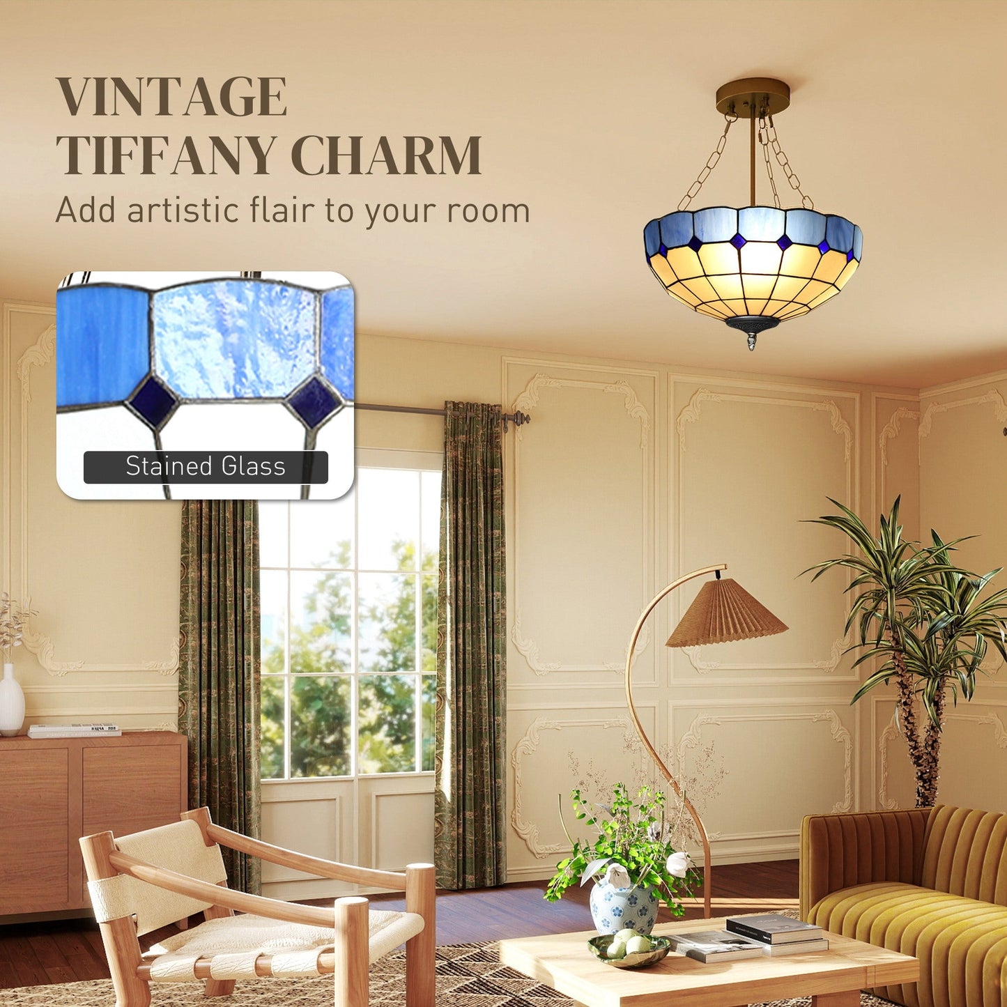 HOMCOM Tiffany Style Ceiling Light, Vintage Chandelier with 3 E27 Sockets, Semi Flush Mount for Living Room, Bulbs Not Included