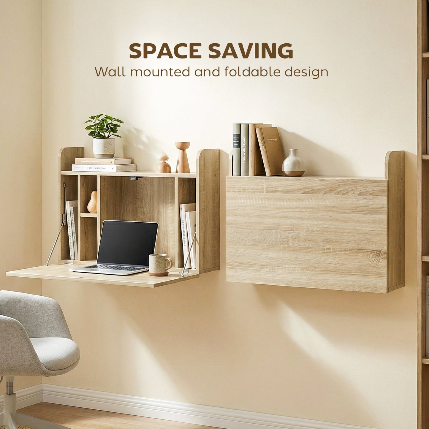 HOMCOM Wall Mounted Desk, Drop Leaf Floating Laptop Desk with Space Saving Storage Compartments for Home Office, Oak