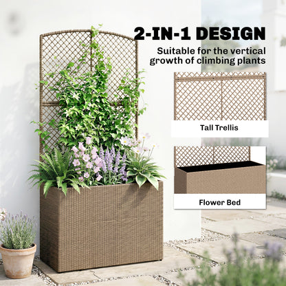 Outsunny Rattan Planter with Trellis, Raised Beds for Garden with Liner for Climbing Plants Vegetables Flowers, Light Grey