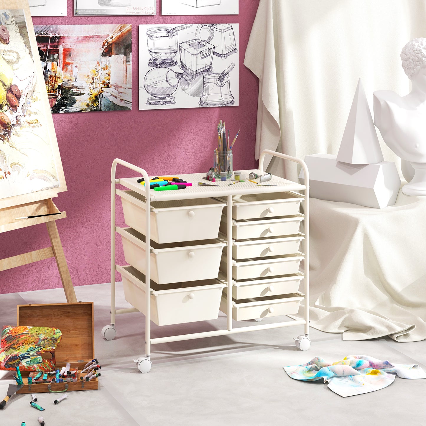 9-Drawer Rolling Storage Cart Tools Scrapbook Paper Organizer-White