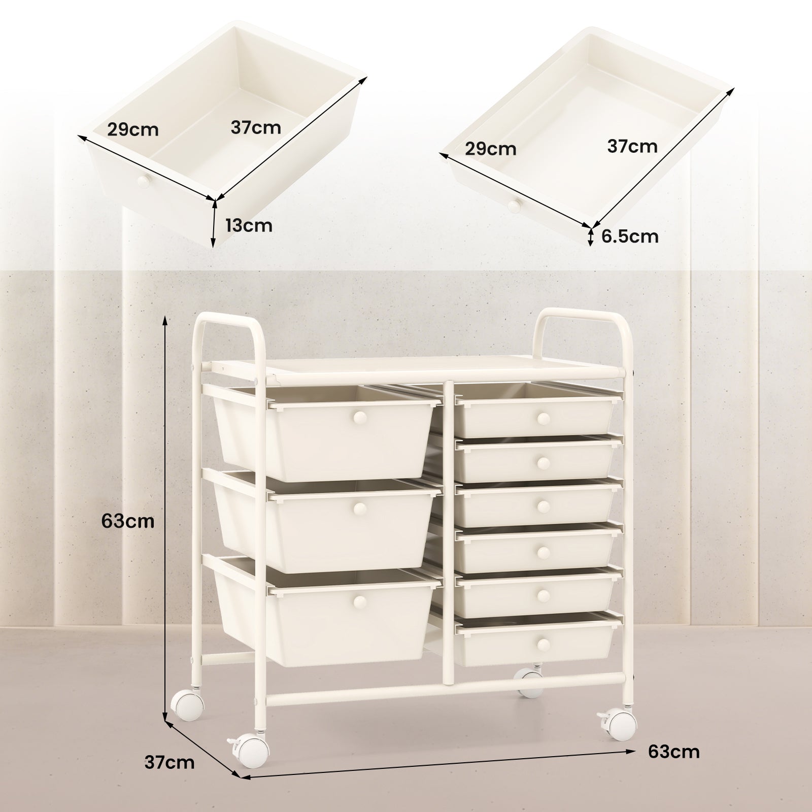 9-Drawer Rolling Storage Cart Tools Scrapbook Paper Organizer-White