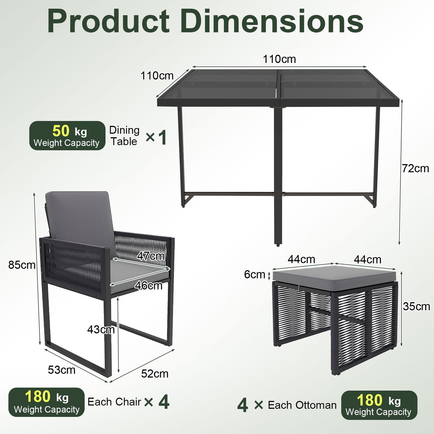 9 Pieces Patio Dining Set with PE Rattan Chairs and Tempered Glass Table-Grey
