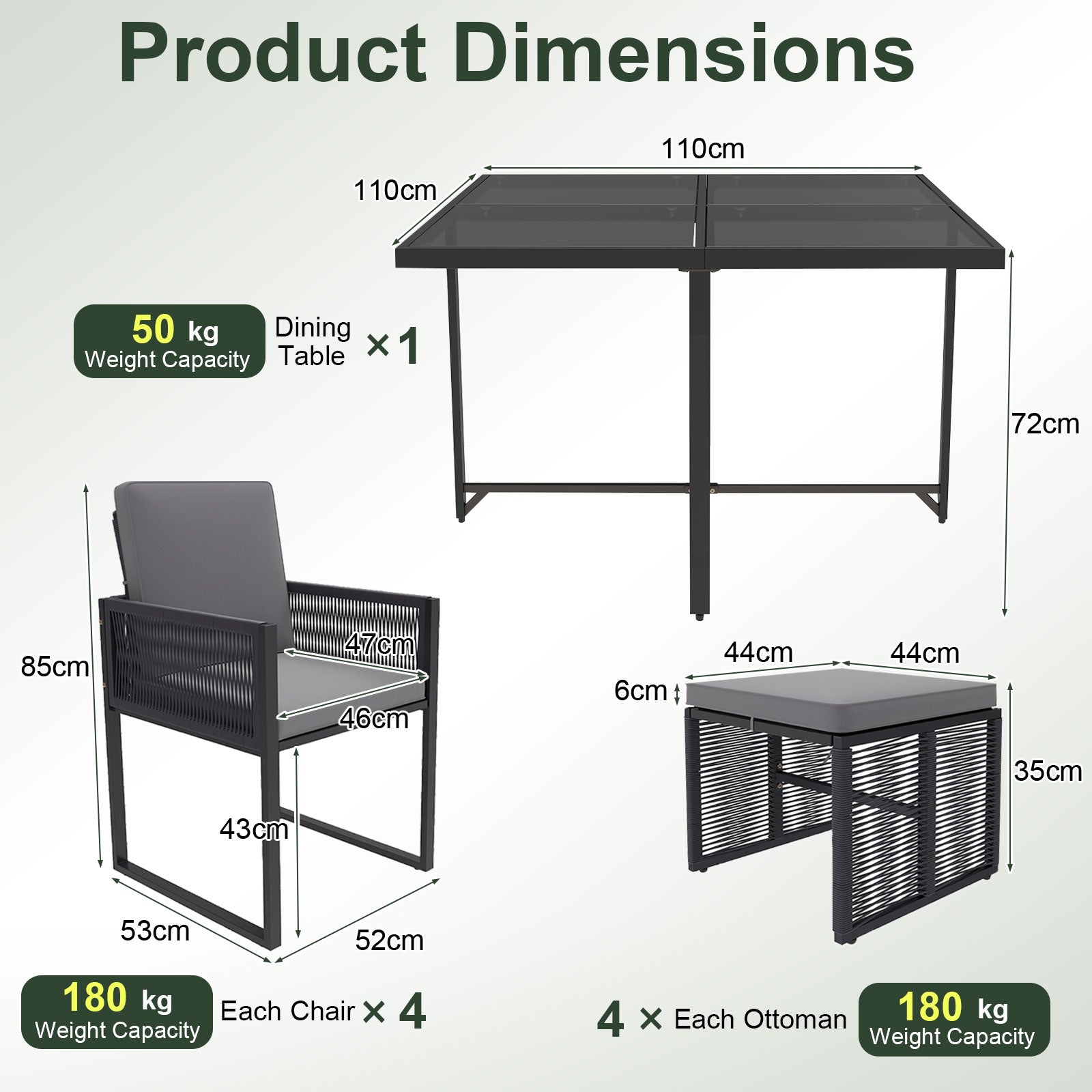 9 Pieces Patio Dining Set with PE Rattan Chairs and Tempered Glass Table-Grey