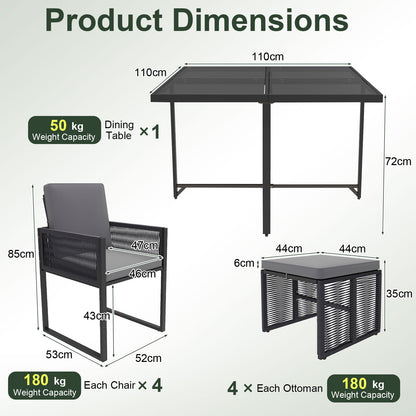 9 Pieces Patio Dining Set with PE Rattan Chairs and Tempered Glass Table-Grey