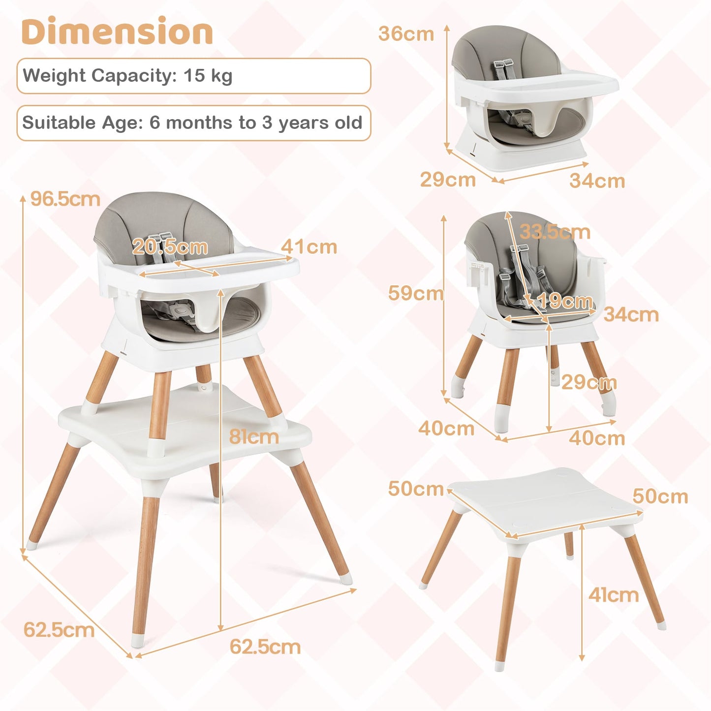9-in-1 Convertible High Chair with Solid Wood Legs and Harness for Babies-Grey