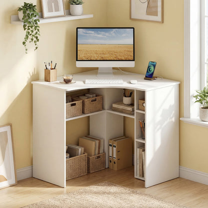 90-degree Triangle Computer Desk with Open Storage Shelves-White