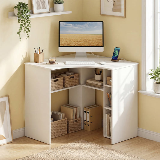 90-degree Triangle Computer Desk with Open Storage Shelves-White