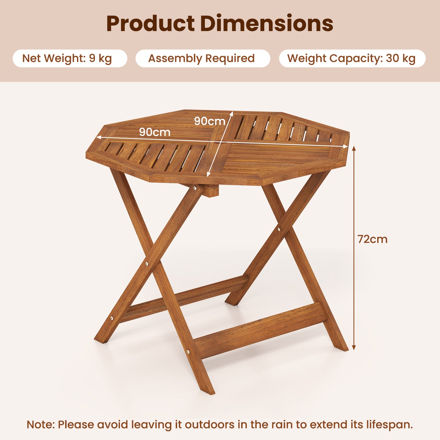 90CM Solid Wood Patio Dining Table with 5cm Umbrella Hole and Slatted Tabletop