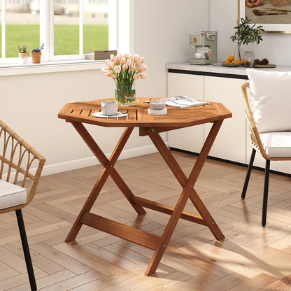 90CM Solid Wood Patio Dining Table with 5cm Umbrella Hole and Slatted Tabletop