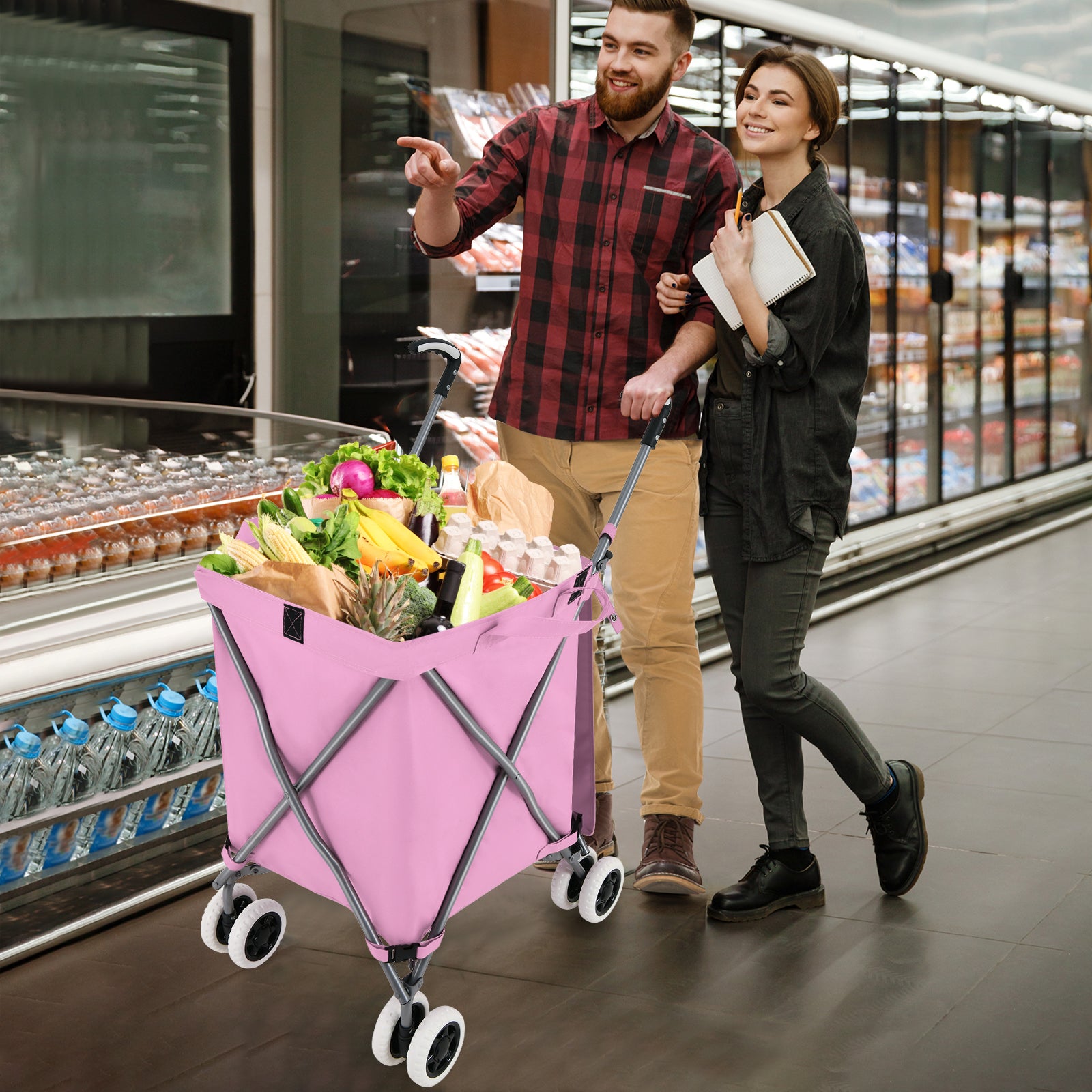 90L Folding Shopping Trolley with Removable Waterproof Bag and Cover-Pink