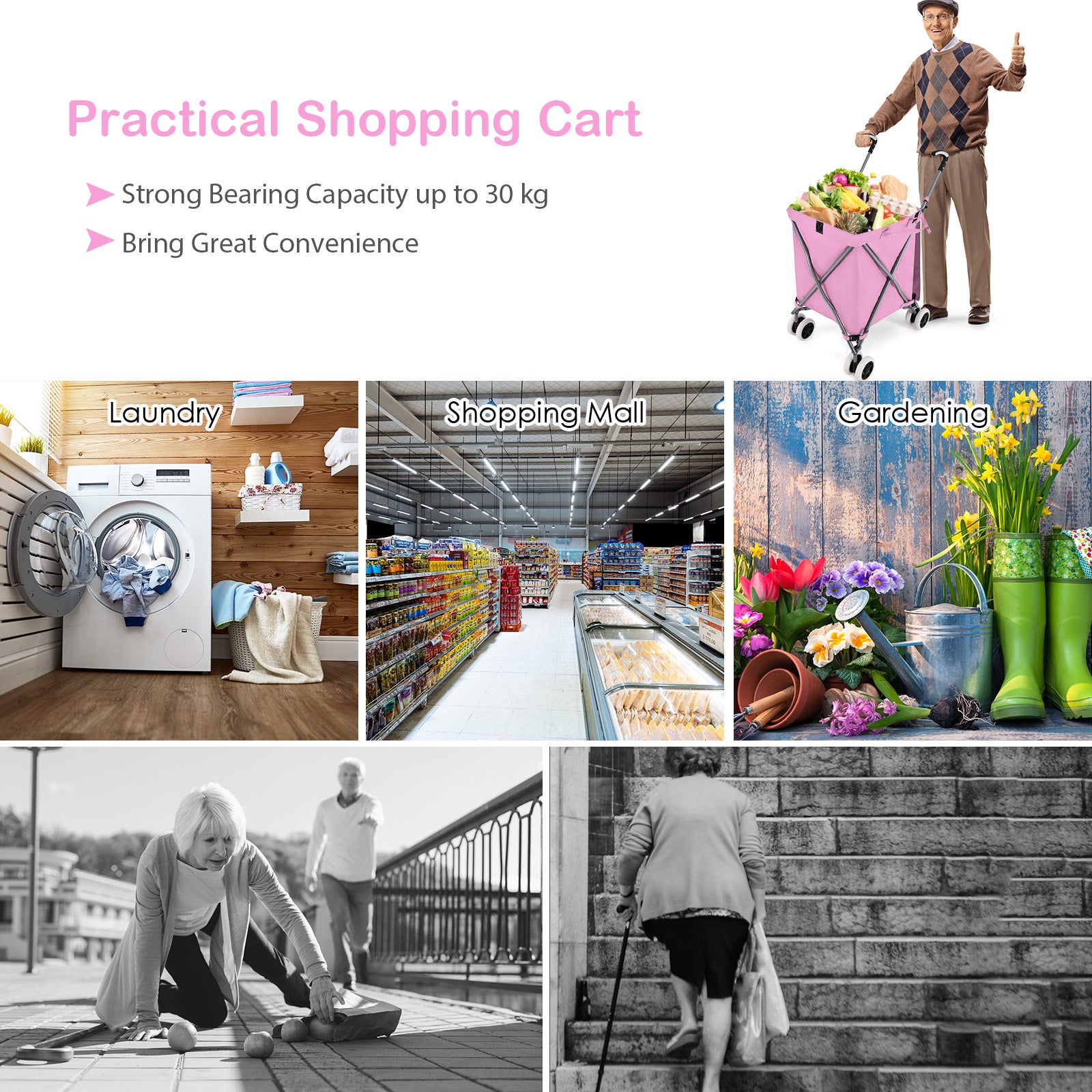 90L Folding Shopping Trolley with Removable Waterproof Bag and Cover-Pink