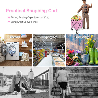 90L Folding Shopping Trolley with Removable Waterproof Bag and Cover-Pink