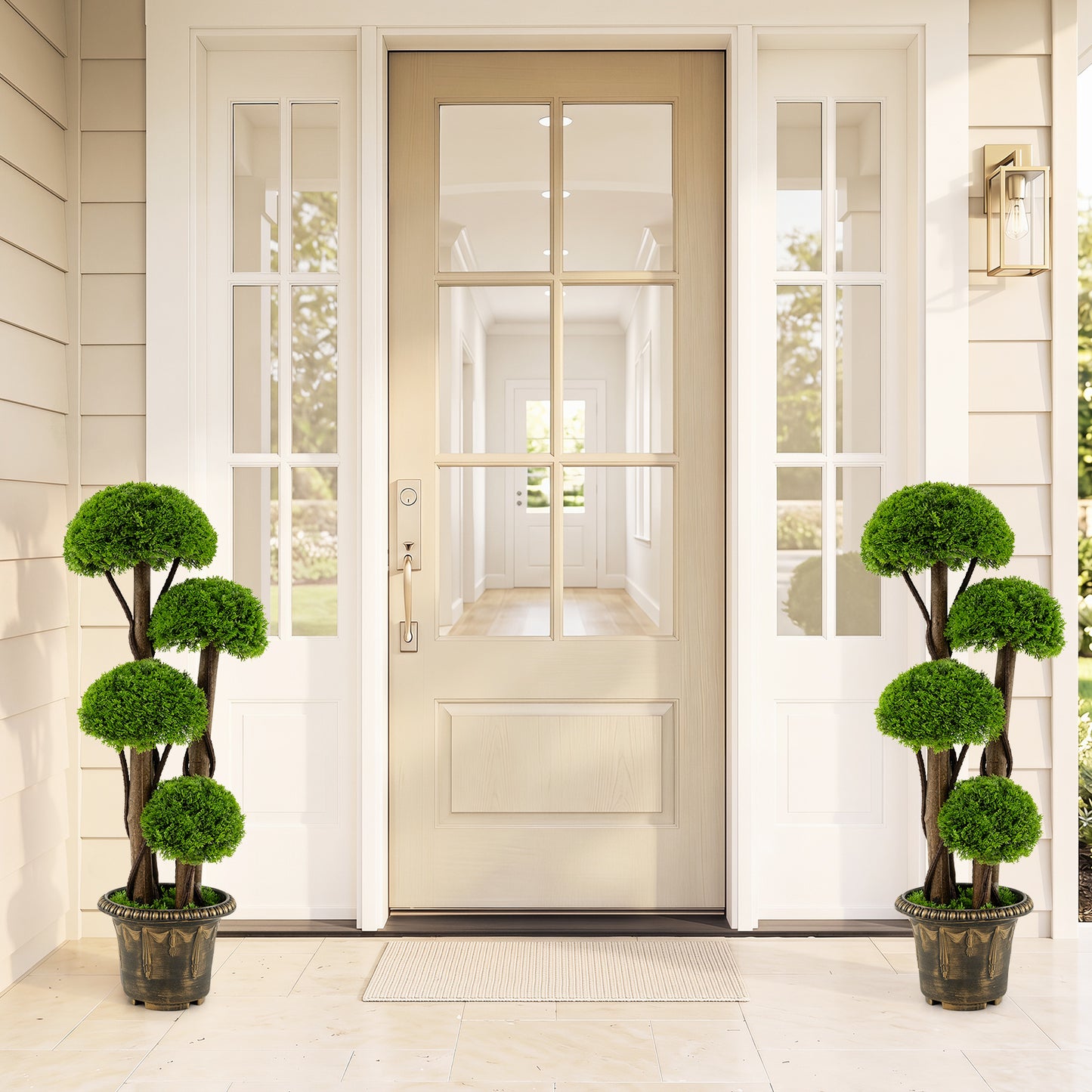 90cm Artificial Cypress Topiary Ball Tree Set of 2 with Retro Cement-filled Planter and Real Wood Trunks