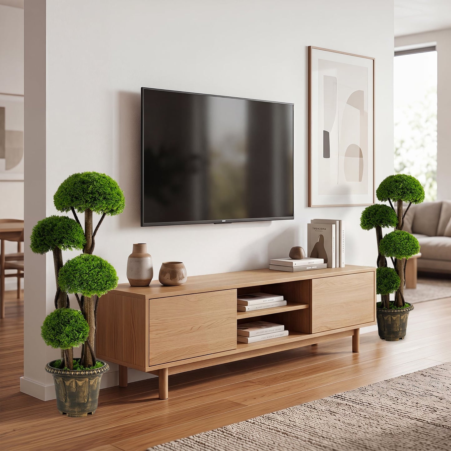 90cm Artificial Cypress Topiary Ball Tree Set of 2 with Retro Cement-filled Planter and Real Wood Trunks
