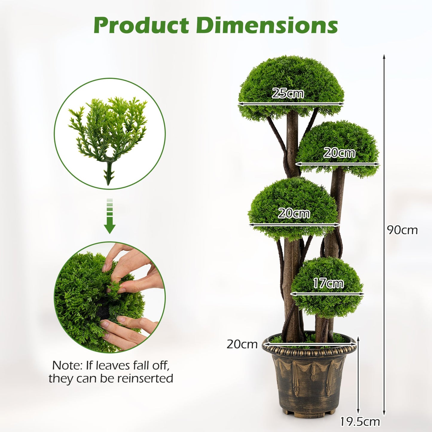 90cm Artificial Cypress Topiary Ball Tree Set of 2 with Retro Cement-filled Planter and Real Wood Trunks