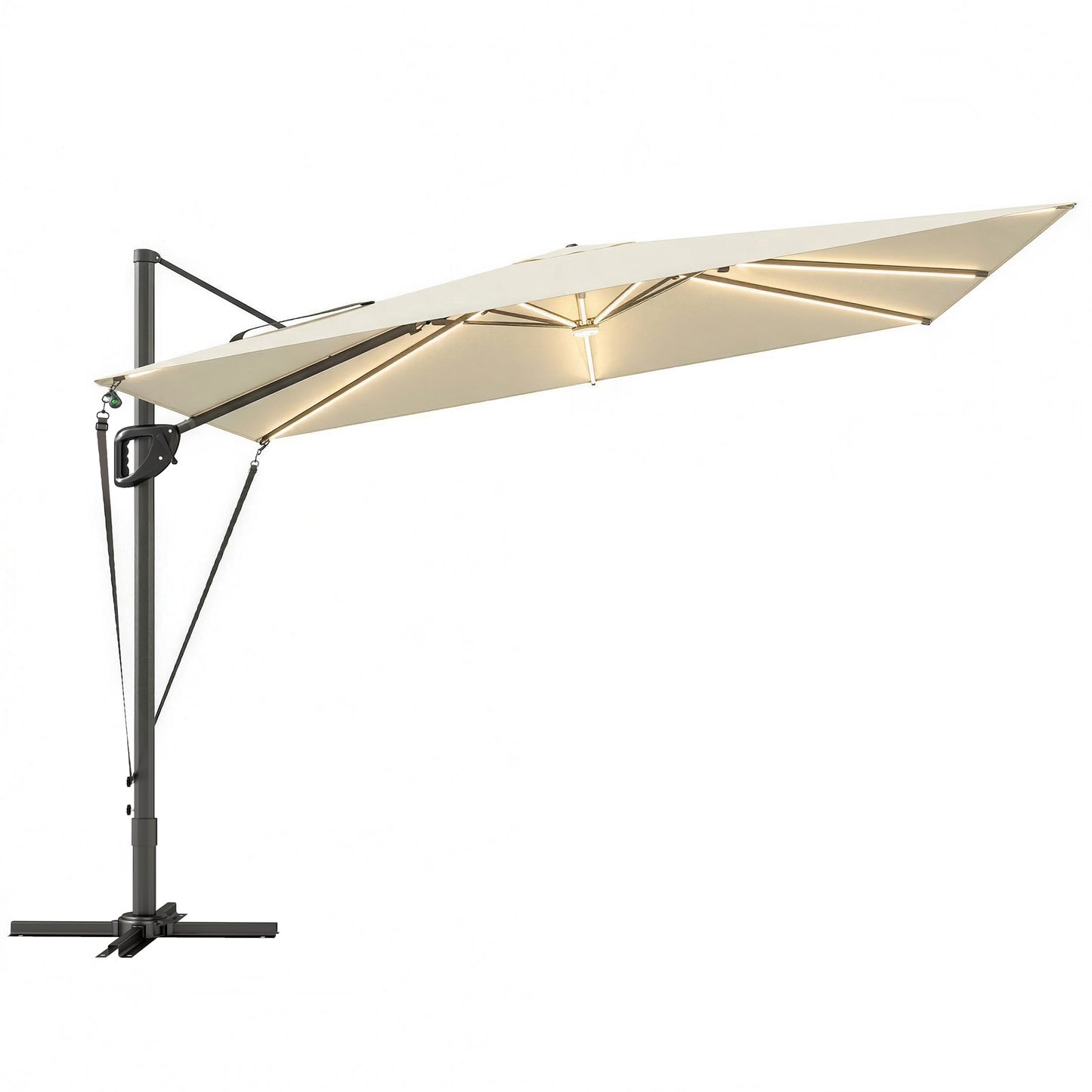 Outsunny 3 x 3 m Garden Cantilever Parasol w/ Light, Cover, UPF50+ Patio Umbrella w/ Wind Protection, 360Â° Rotation, Cream White