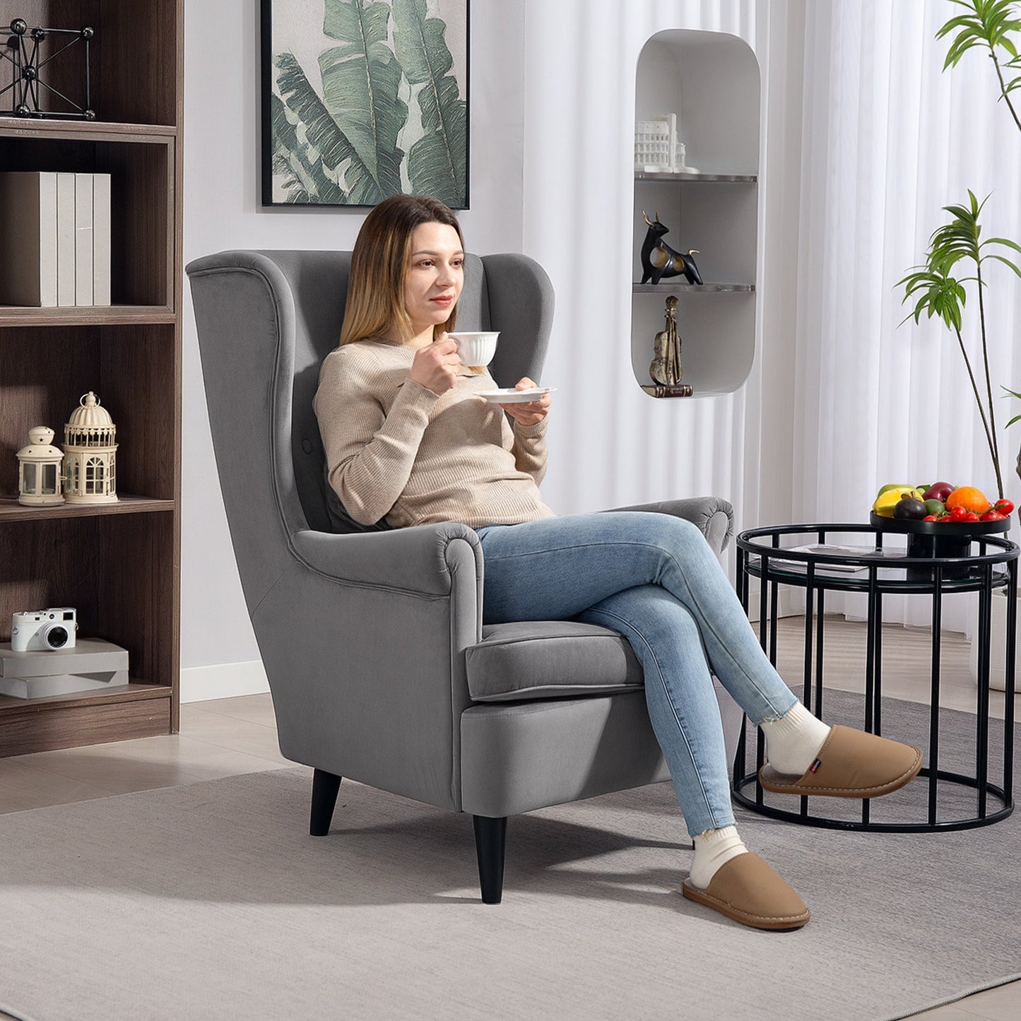 HOMCOM Modern Accent Chair, Upholstered Wingback Armchair with High Backrest and Pillow, Velvet-Feel Fabric Reading Chair with Solid Wood Legs for Living Room, Bedroom, Home Office, Dark Grey